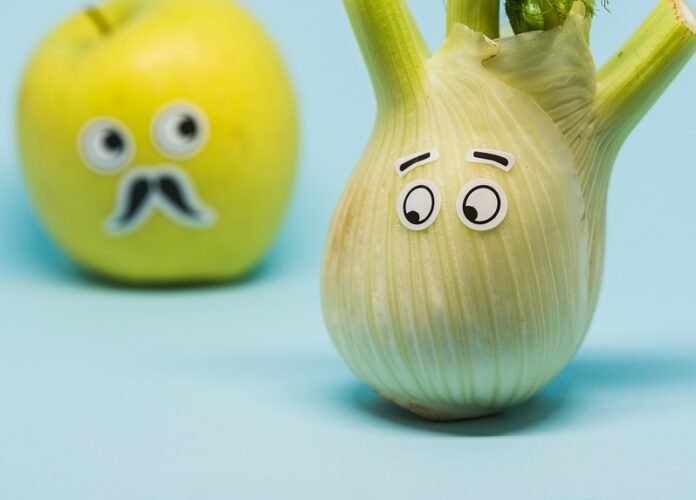 Onion and apple with eyes