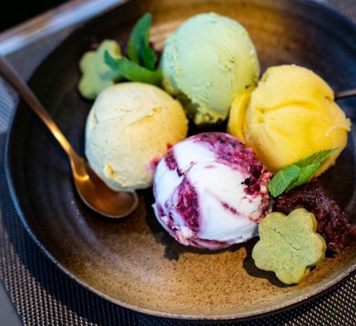Four balls of sorbet on a plate