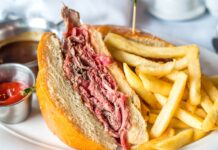 How To Make a Succulent French Dip Sandwich Beef sandwich with chips